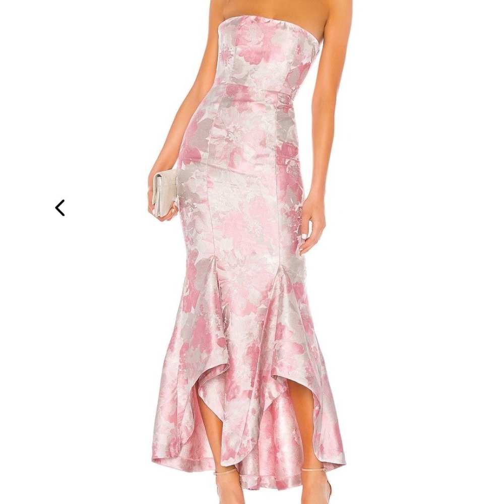 Lovers and Friends Urgonia Strapless Gown Size M Pink Tonal Jaquard Asymmetric